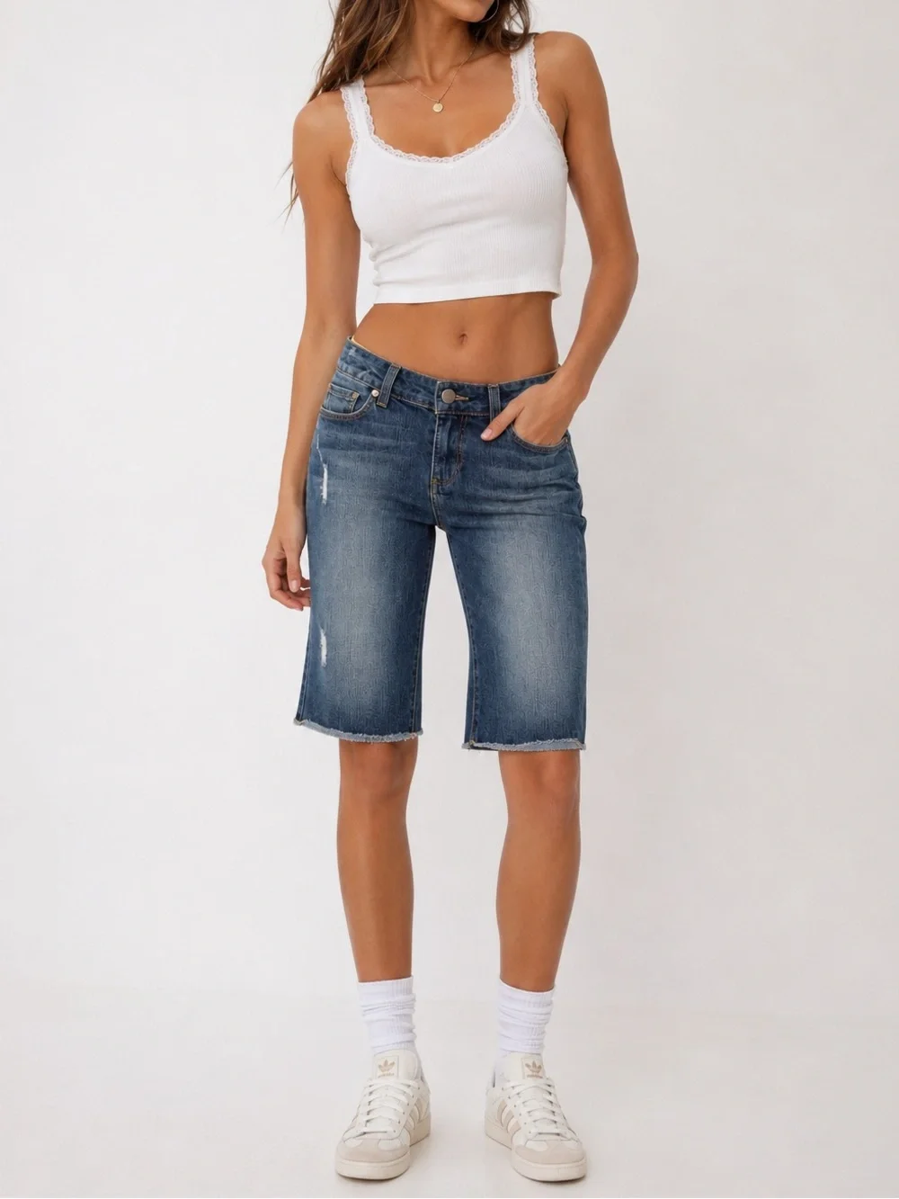 PAIGE Denim Bermuda Shorts Size 25 Distressed Raw Hem Stretch Knee Length Y2K